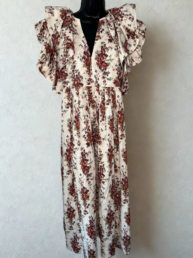NWT Tuckernuck Bouquet Mariana Midi Dress XL Cerise Falling Flower Ruffle Sleeve Bouquet