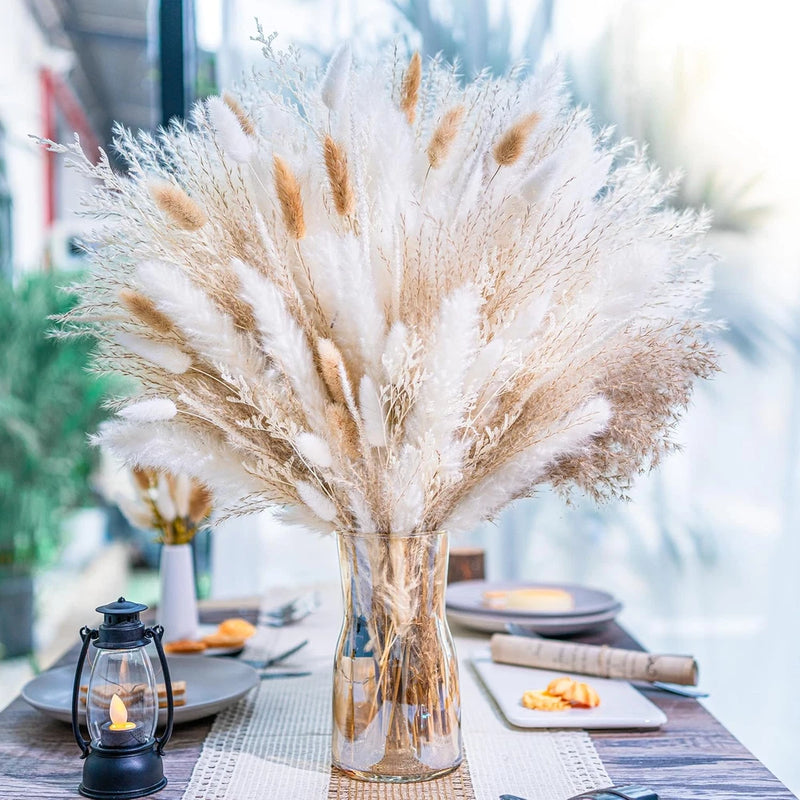 95 Pc Natural Pampas Grass Bouquet Boho Dried Centerpiece White Beige Pampas Grass