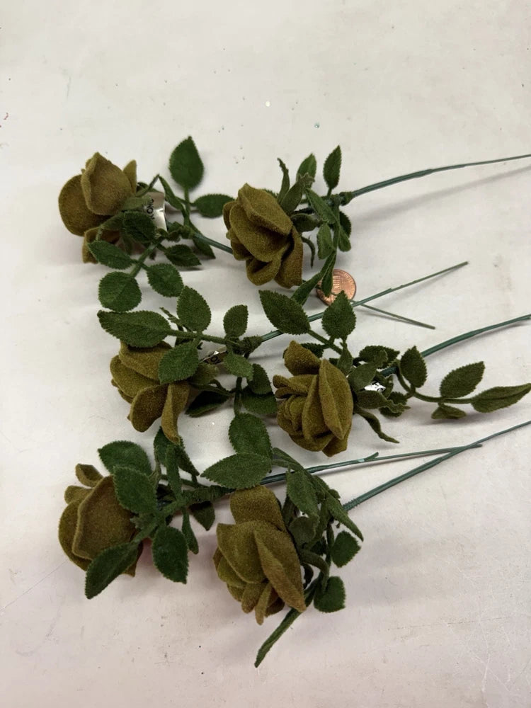 Moss Green Flocked Roses - Vintage - Hong Kong Roses