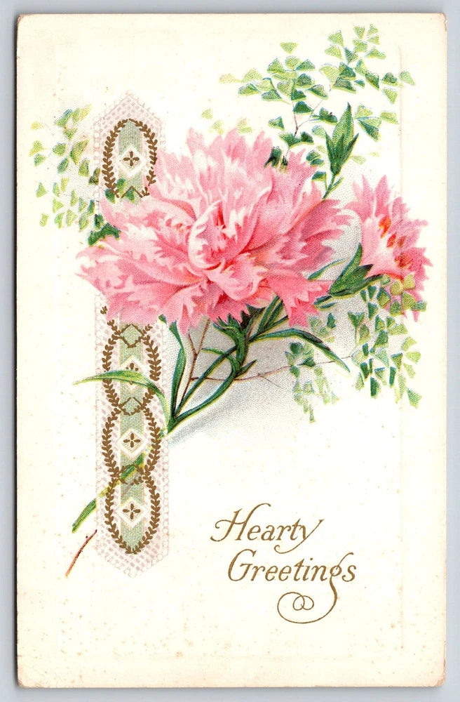 Vintage greeting postcard with pink carnations and green leaves, 'Hearty Greetings'