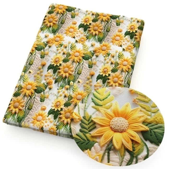 Sunflower printed polycotton fabric, 3D yellow blossoms with green leaves