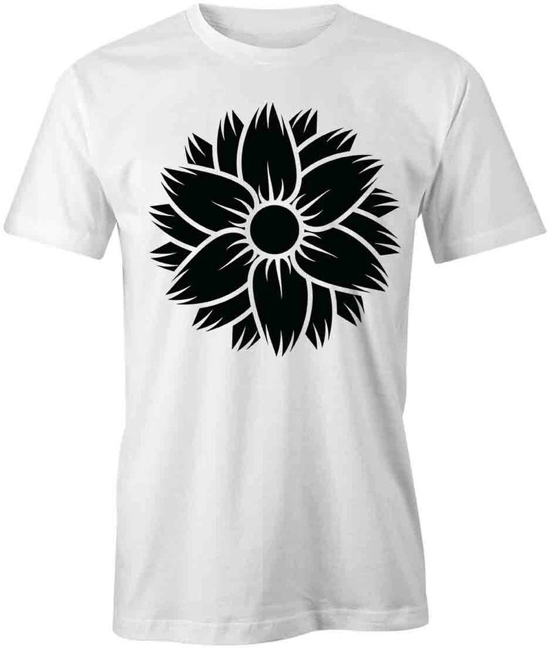 White cotton T-shirt with black sunflower flower graphic, short sleeves and crew neck