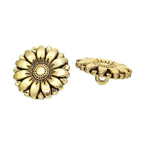 Sunflower metal shank buttons, antiqued gold—front and back view
