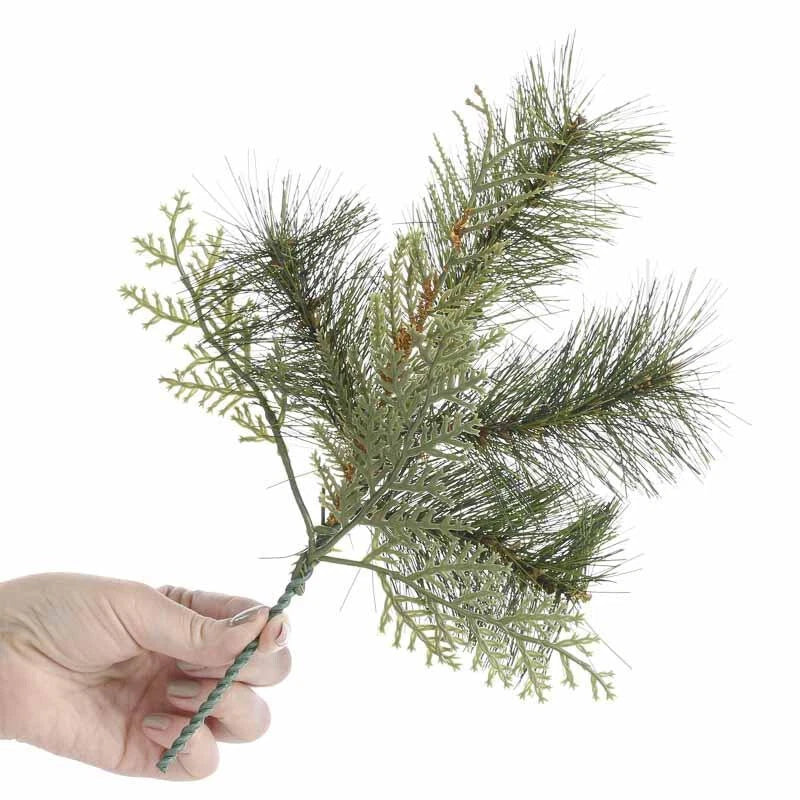 Artificial pine floral stem spray with green needles and small clustered blooms