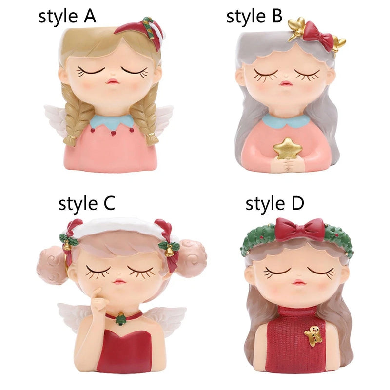 Cartoon elf girl plant pot figurine, closed eyes, bow and heart, anti-slip base