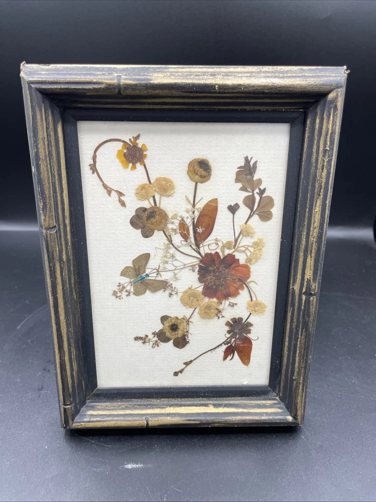 Teal floral shadowbox frame with pressed flowers and butterfly