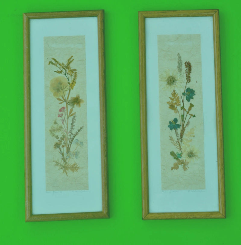 Pair of framed pressed floral art prints with dried botanical flowers on light background