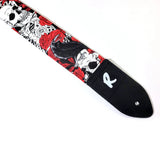 Raven, Skulls and Roses Guitar Strap - Black Red and Grey Guitar Strap Roses
