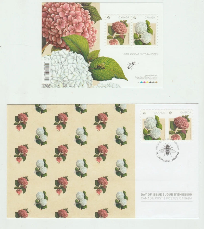 Hydrangeas Flowers - Sheet of 2 "P" Canada Stamps and FDC 2016 Hydrangea