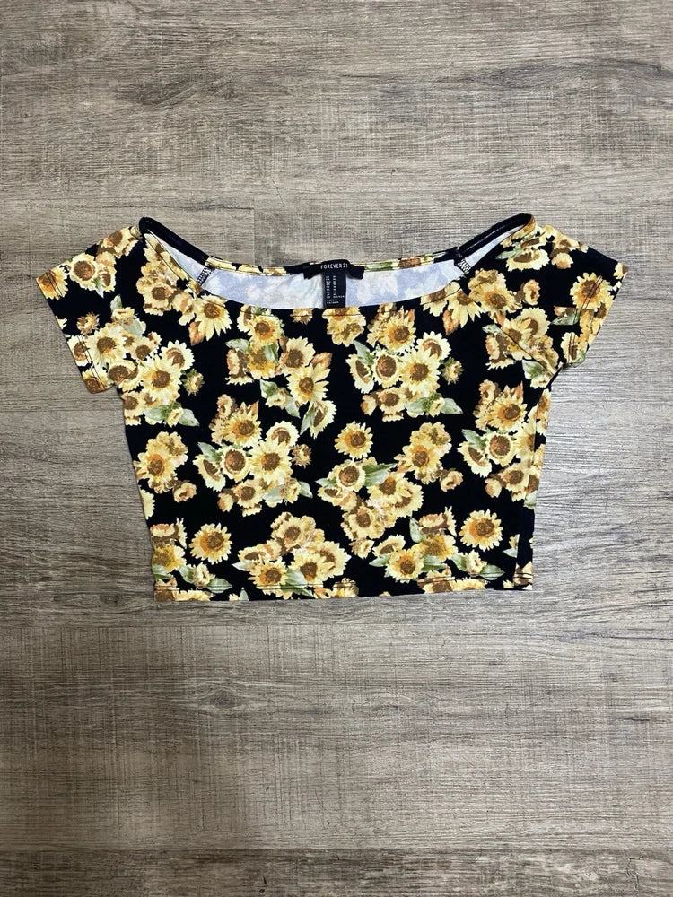 Forever 21 Floral SunFlower Black Short Sleeves Crop Top Size M Sunflower
