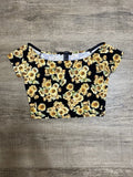 Forever 21 Floral SunFlower Black Short Sleeves Crop Top Size M Sunflower