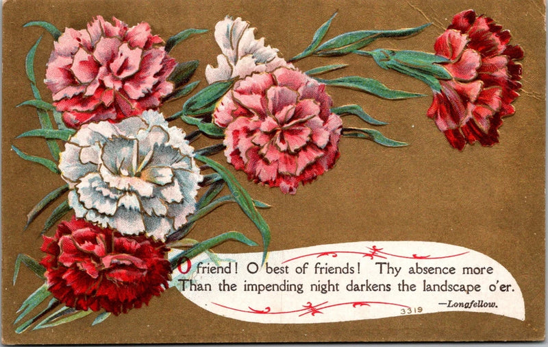 Floral postcard with pink and red carnations, greenery, and a printed quote on kraft-style background