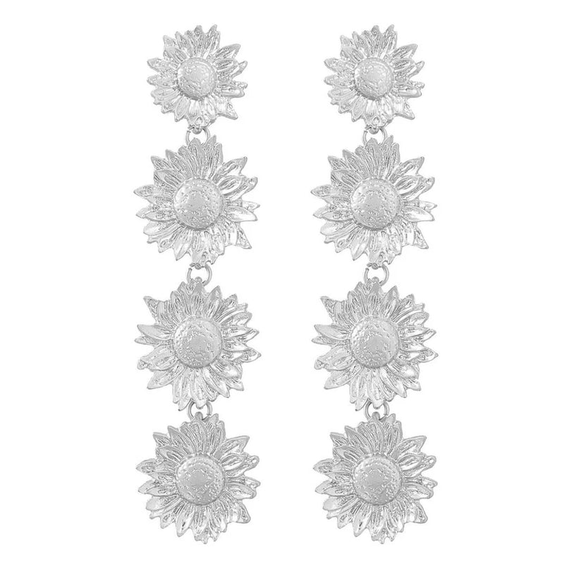 Silver-tone sunflower dangle earrings with layered flower drops