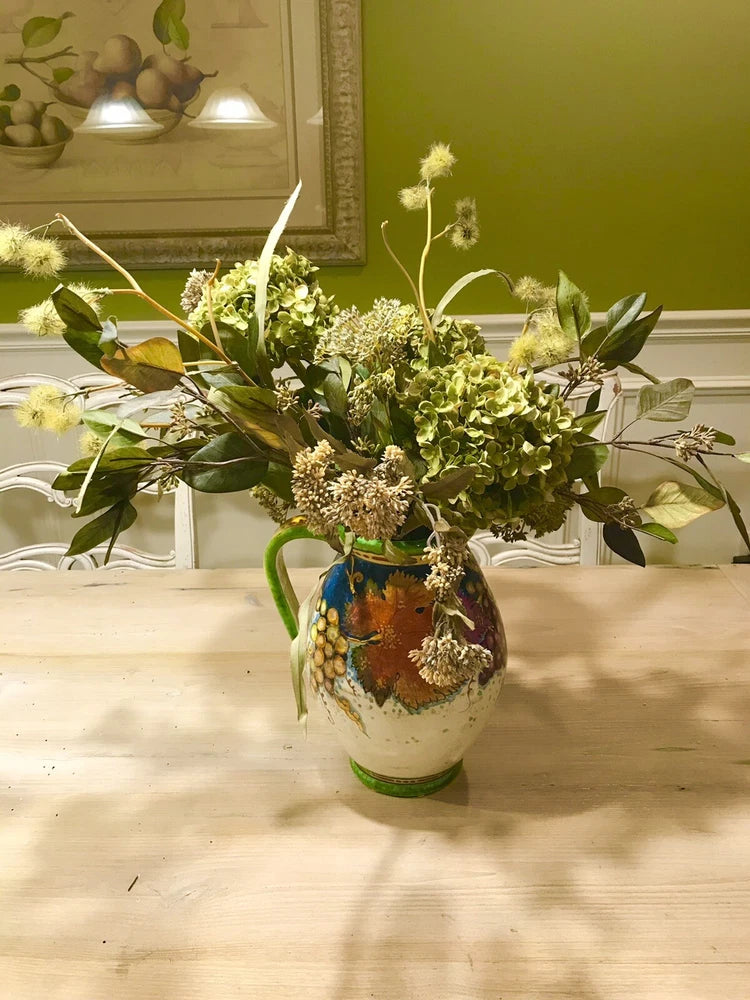 Green Hydrangea Assorted Silk Floral Arrangement In Hand Painted Ceramic Pitcher Hydrangea