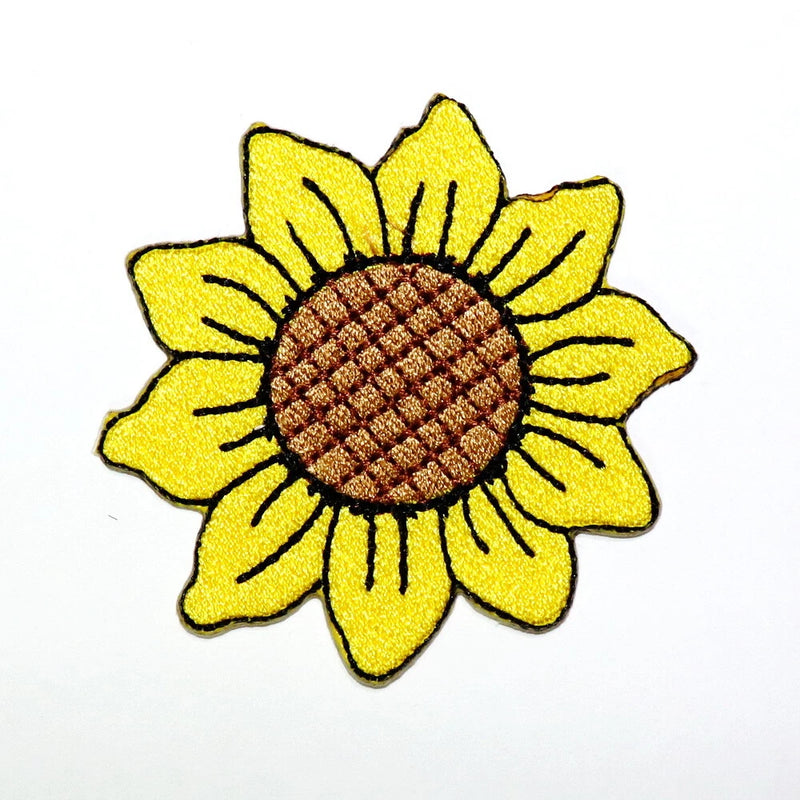 Sunflower iron-on patch with yellow petals and brown textured center