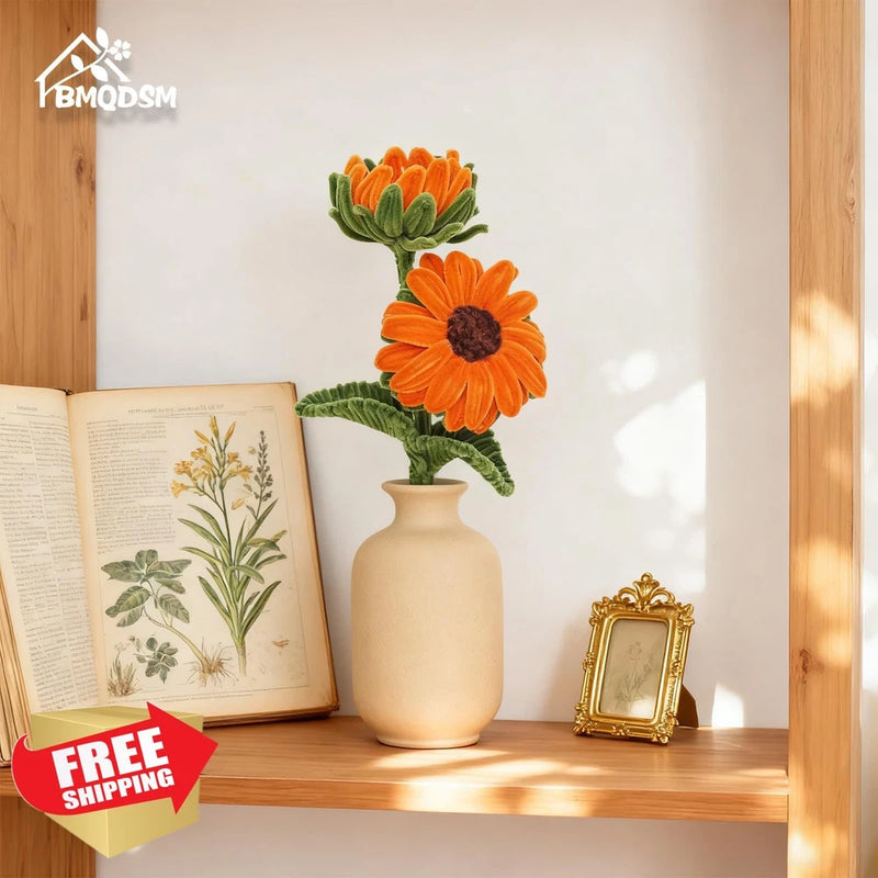 Handmade sunflower crochet flower bouquet in cream ceramic vase