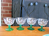 4 Bryce Crystal Carnation Etched Green Stem & Foot Sherbet Cup Champagne Glasses Carnation