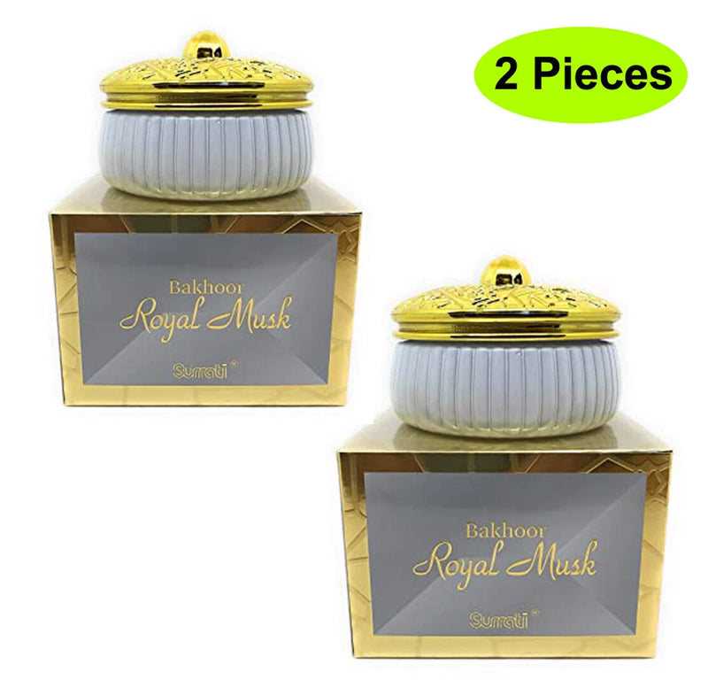 Bakhoor Royal Musk incense jars, 2-piece set: white ribbed jars with gold lids and boxes.
