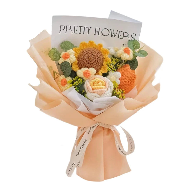 Artificial crochet flowers bouquet with sunflower center, orange, white, and green blossoms