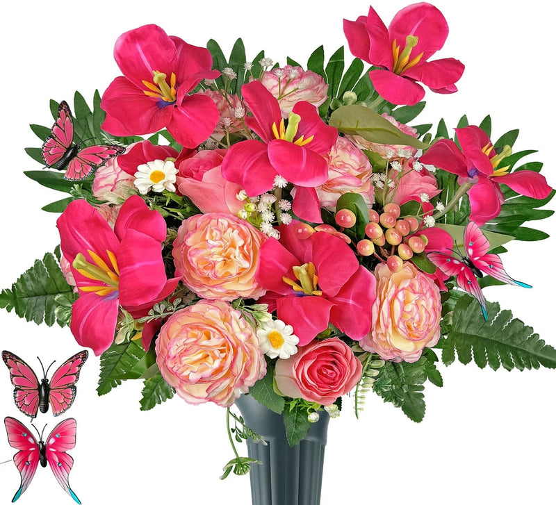 Artificial cemetery bouquet with gray grave vase; pink and peach roses and carnations
