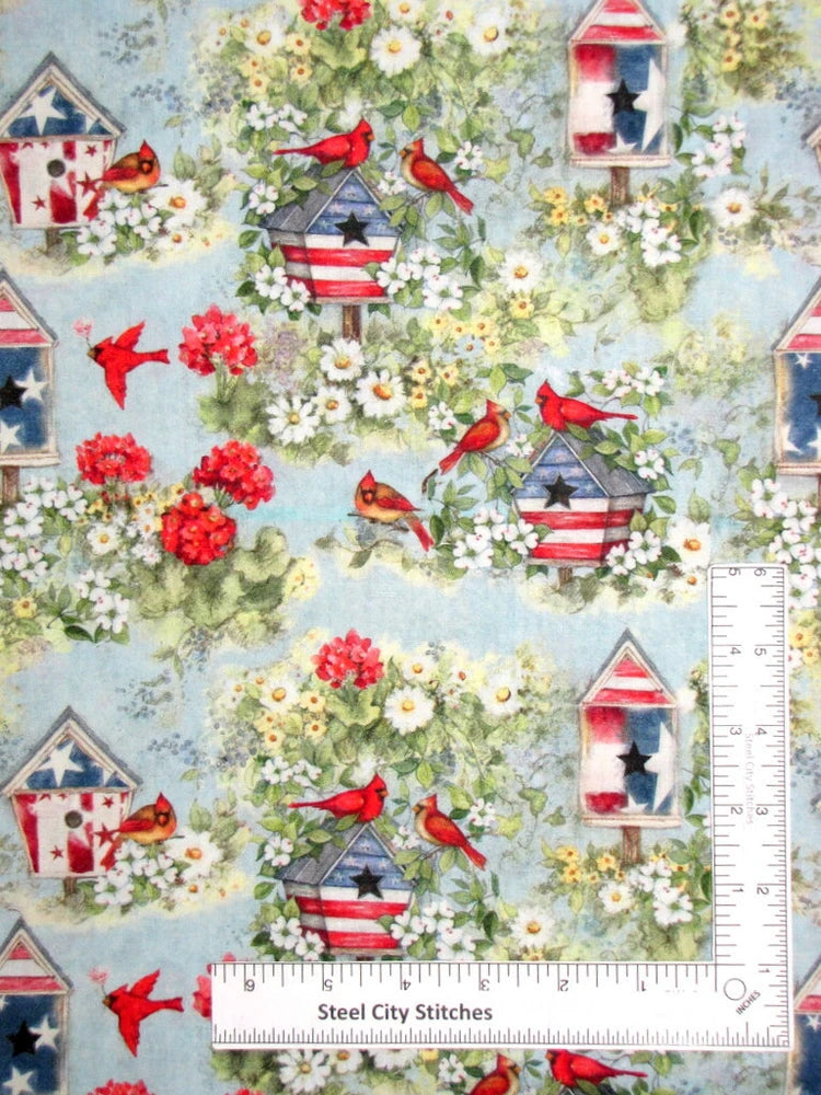 Patriotic Cardinal Birdhouse Flower Fabric Cotton Susan Winget CP75841 By Yard Flowering Plants