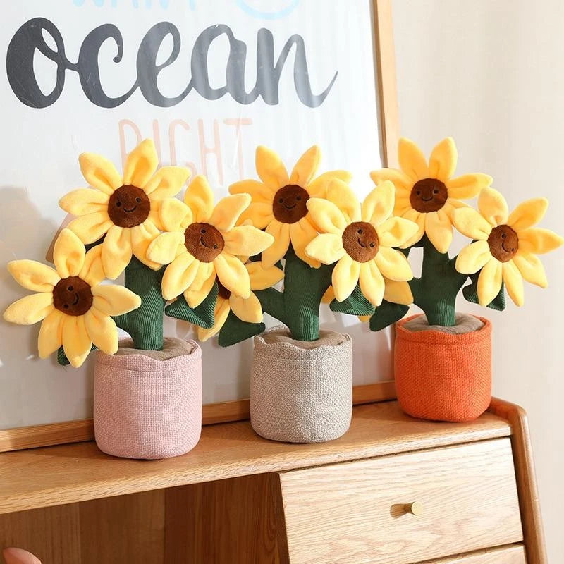 Sunflower plush bouquet with four fabric-potted yellow flowers and brown centers