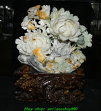 16''Chinese Natural Xiu Jade Carivng Fengshui Peony Flower Bird Statue Sculpture Peony