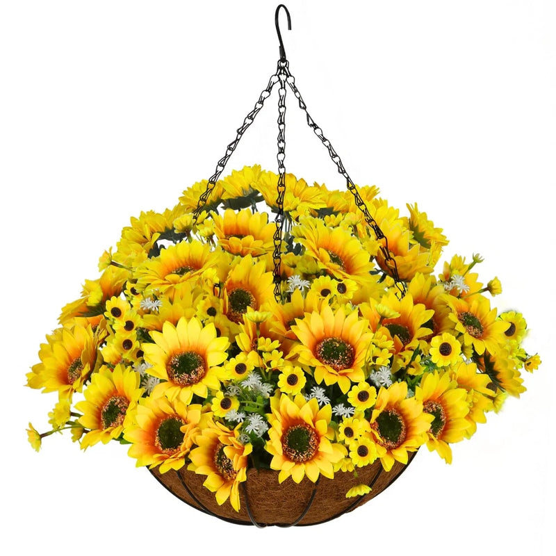 Hanging basket of faux silk sunflower flowers with green leaves and brown hanging chain