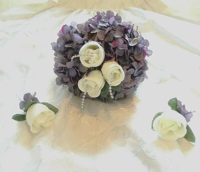 Wedding bouquet bride dark lavender off white rosebud silk artificial round NEW Hydrangea