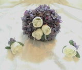 Wedding bouquet bride dark lavender off white rosebud silk artificial round NEW Hydrangea