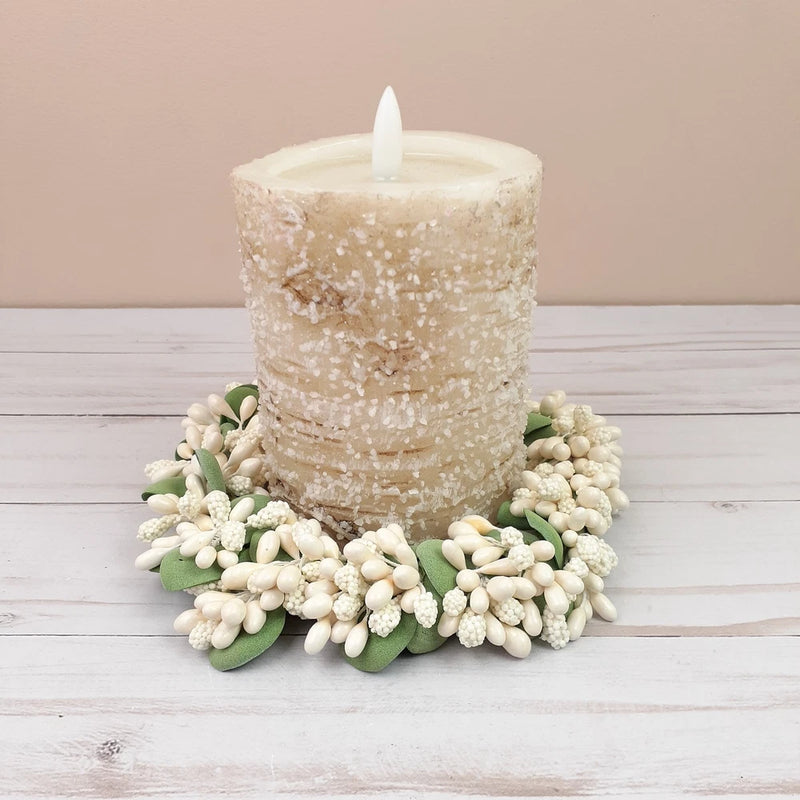 Ivory Pip and Millet Berry Candle Ring Green Leaves 3.5 inch inside Green Plant