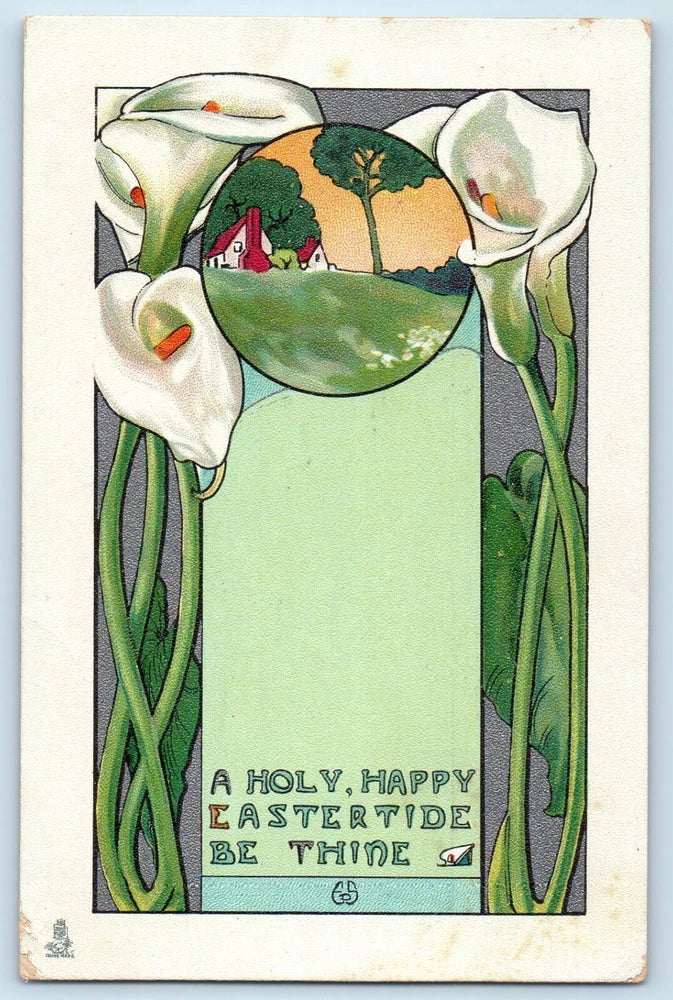 Antique Easter postcard with white lilies framing a green message panel