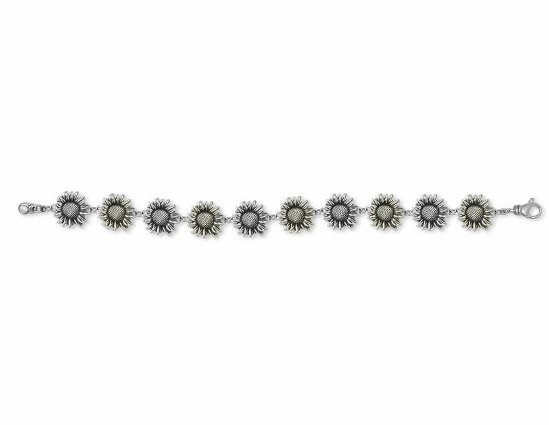 Sterling silver sunflower bracelet with small flower charms and round link chain, clasp ends