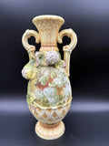 Robert Hanke Austria Porcelain Vase  Applied Hydrangea Flowers, Two Handled Atq Hydrangea