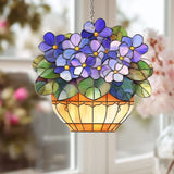 Hydrangea Acrylic Suncatcher, Stained Glass Style Blue Purple Flower Pot Window Hydrangea