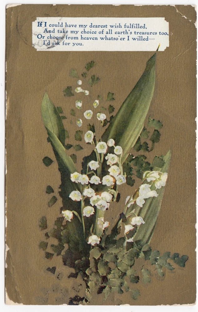 Vintage postcard featuring lily of the valley flowers with poem text
