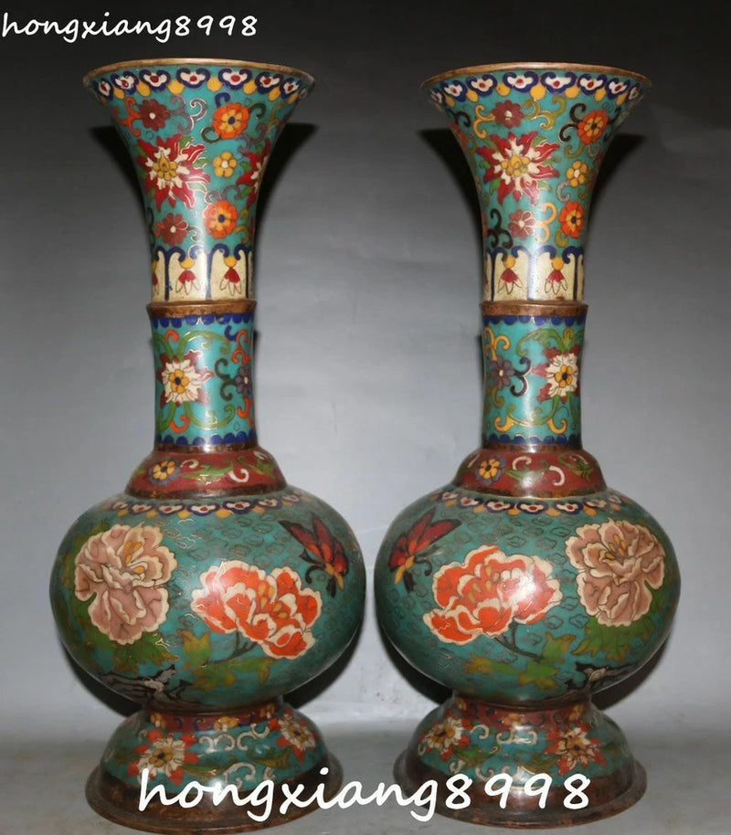 Cloisonne enamel peony floral vase pair, turquoise teal with bronze-toned blossoms