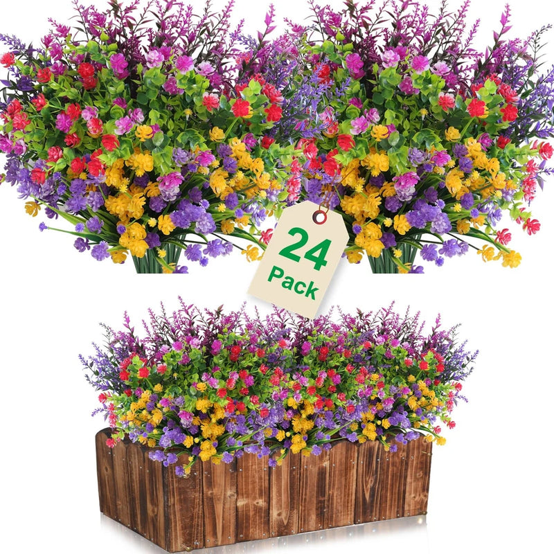 Faux outdoor flower arrangement in wooden planter, mixed purple, yellow, red, and green
