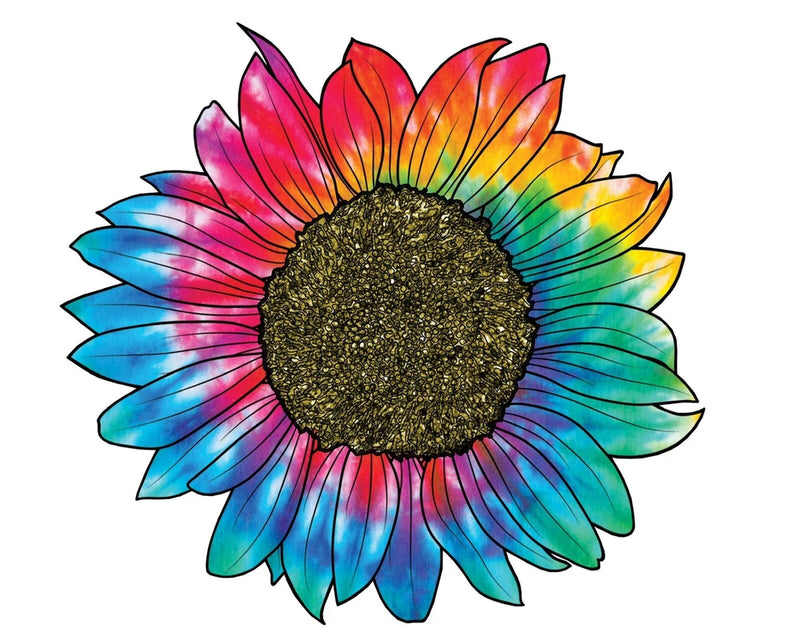 Rainbow sunflower sticker with colorful tie-dye petals and dark green center