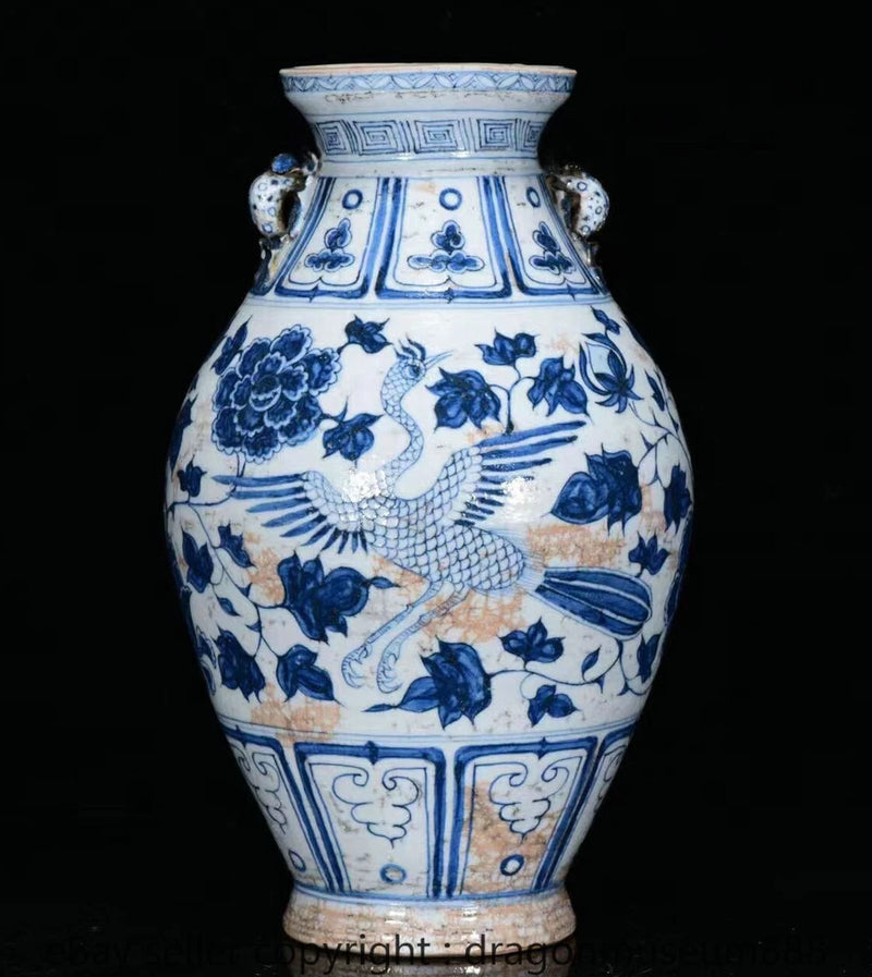 Blue and white porcelain Chinese double-ear vase with phoenix and floral peony pattern