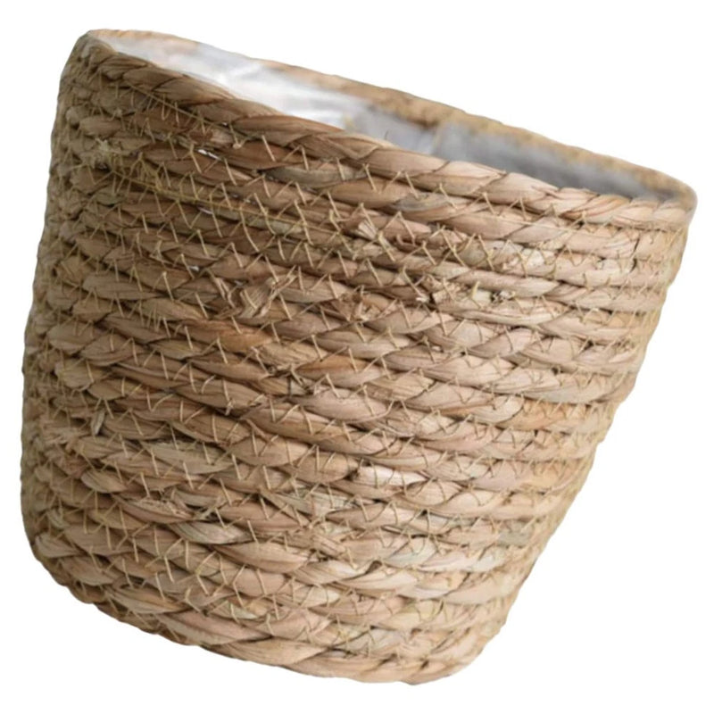 Woven straw planter basket with open top, rectangular shape, natural tan color