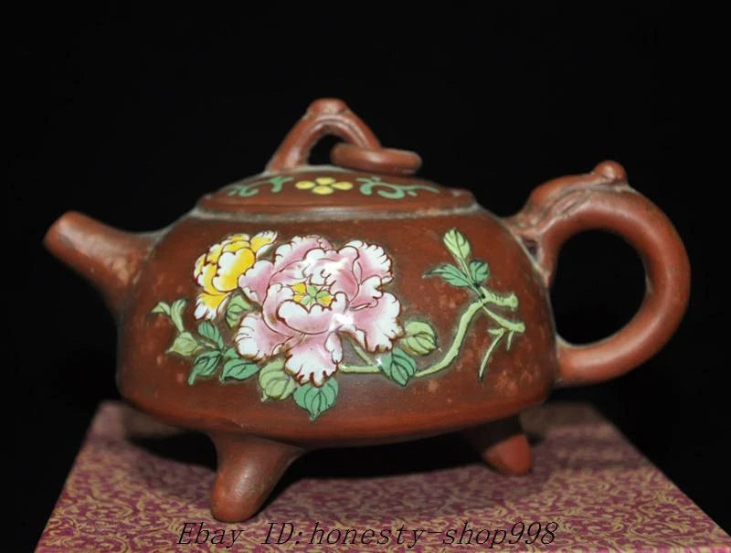 6.4" Marked China Yixing Zisha Pottery painted peony flower statue Teapot teaset Peony