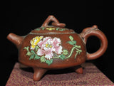 6.4" Marked China Yixing Zisha Pottery painted peony flower statue Teapot teaset Peony