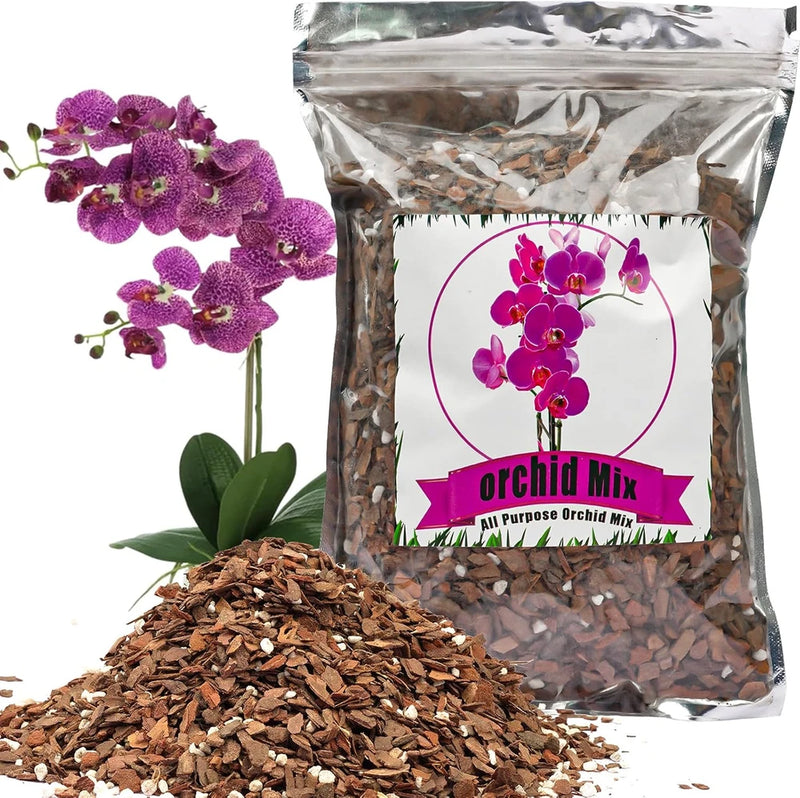Orchid potting mix bag with mixed pine bark and perlite, plus bark pieces.