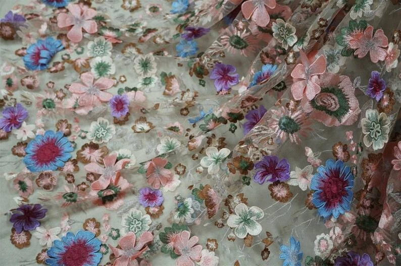 Multicolor Floral 3D Flower Applique Embroidery Lace Fabric for DIY Bridal Dress Flowering Plants