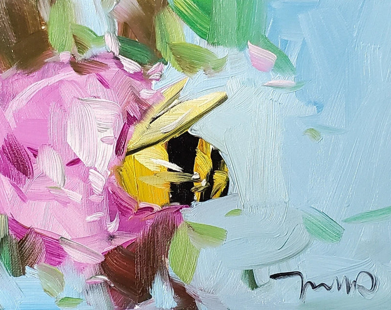 Bee and pink peony flower canvas print with green leaves and abstract brushstrokes