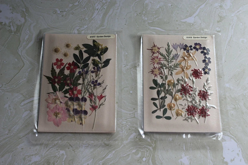 Lot of two dried pressed flower sets in clear packaging with assorted blooms