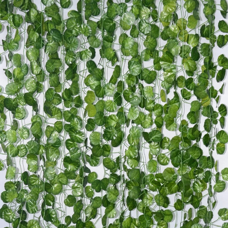Artificial hanging vine garland with layered green leaves, 168 ft faux greenery