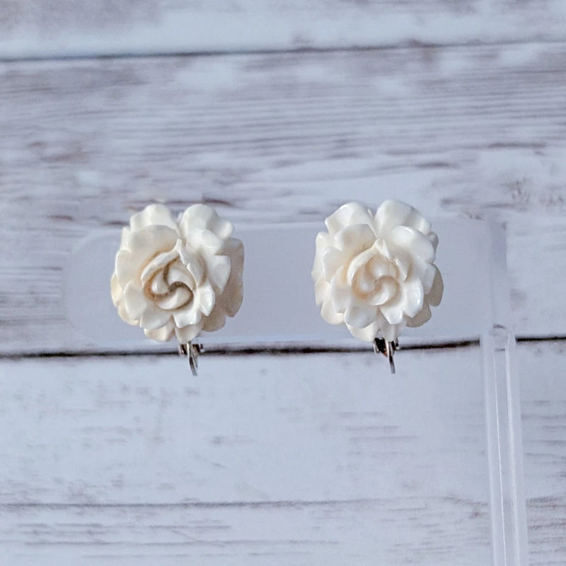 Vintage Clip On Earrings Cream Carnation Flower 0.75" Carnation