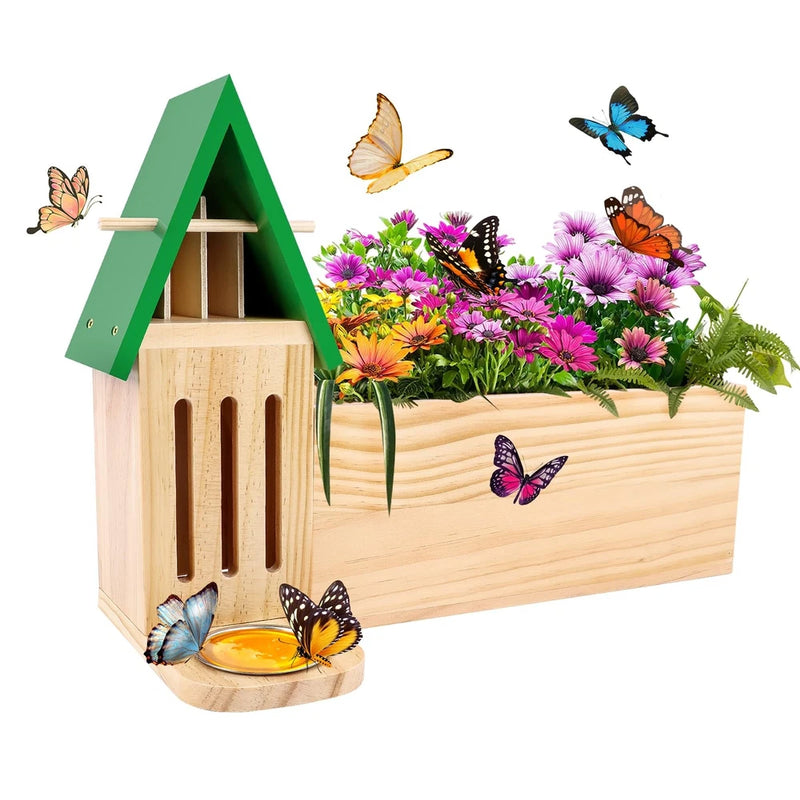 Butterfly House and Feeder with Flower Pot, Wooden Butterfly House for Garden... Garden Plants